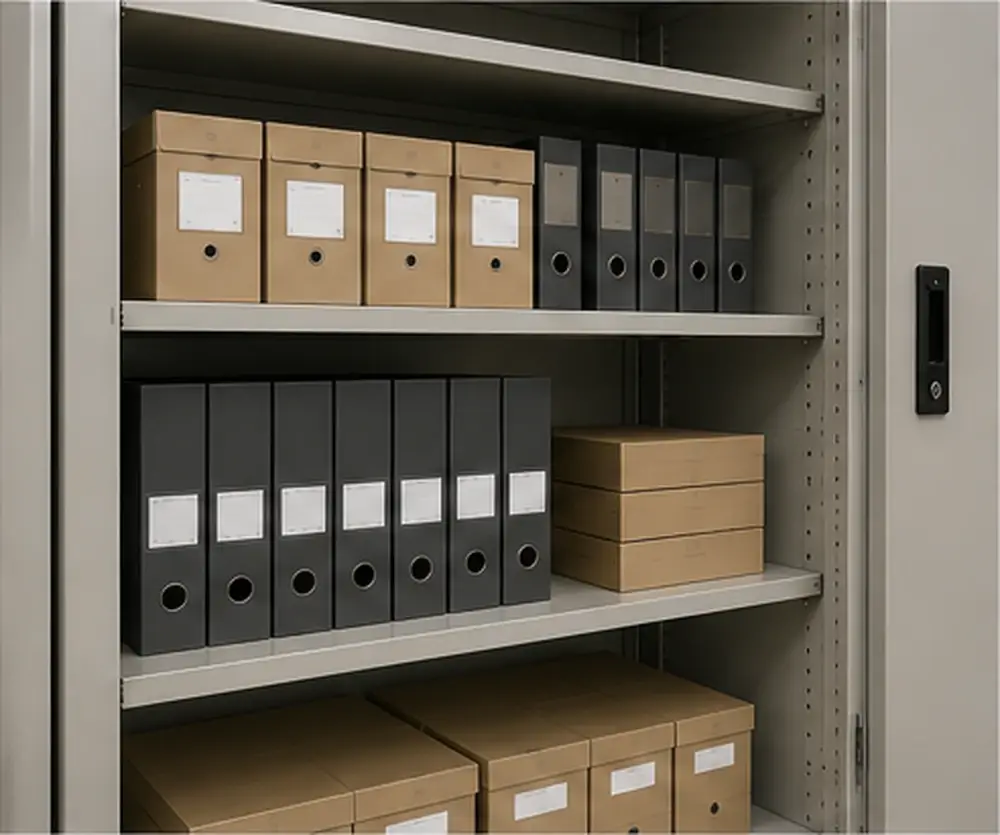 Interior shelves and storage space of a steel archive cabinet