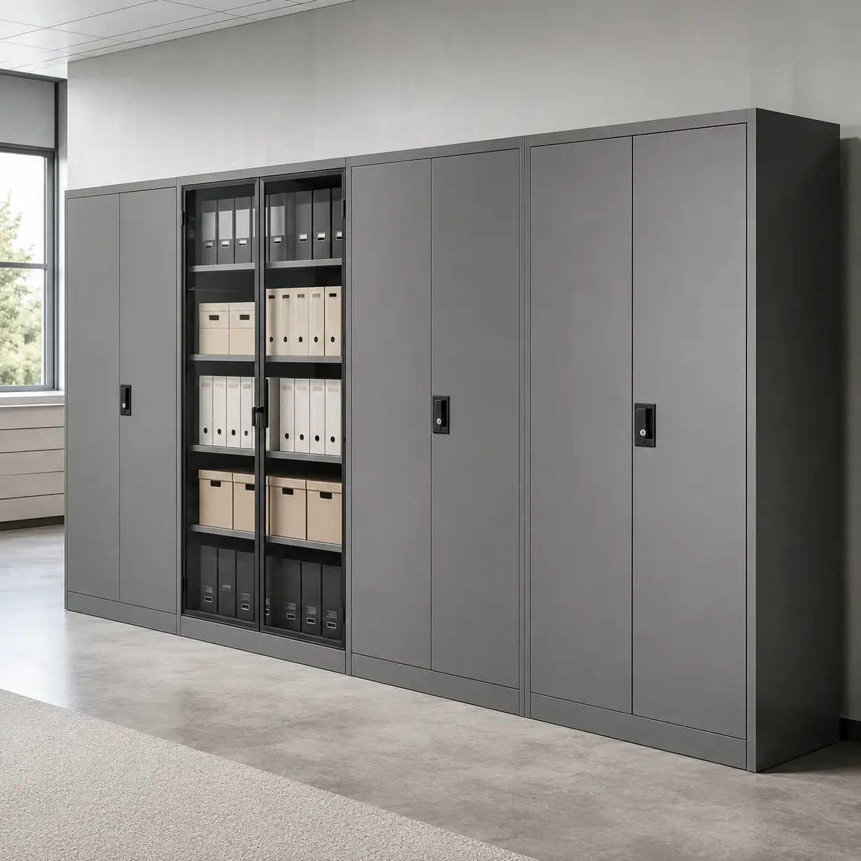 Steel archive storage cabinet with lockable doors and adjustable shelves