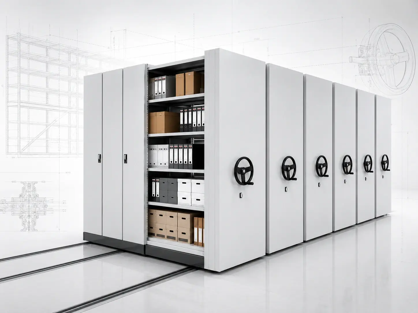 Manual Mobile Shelving System with structure drawing, floor rail section and handwheel drive diagram