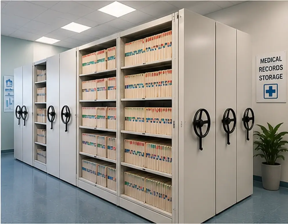 Smart mobile shelving for medical records storage