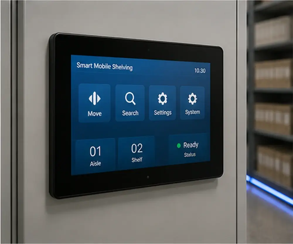 Touchscreen control interface for smart mobile shelving system