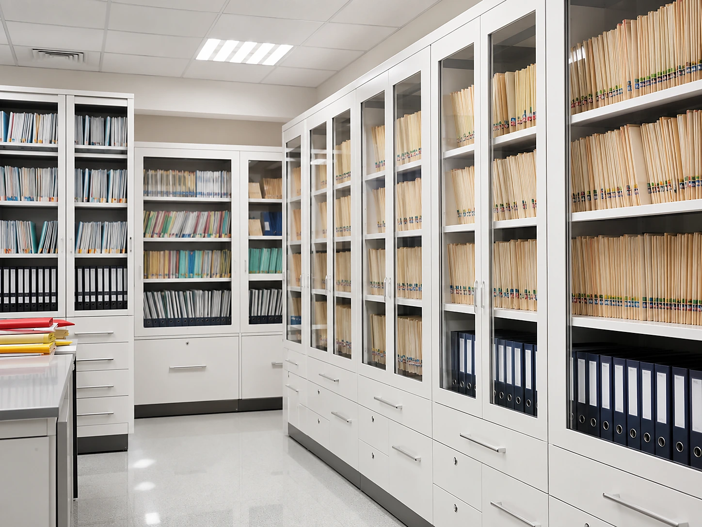 Hospital mobile shelving for high density patient records storage