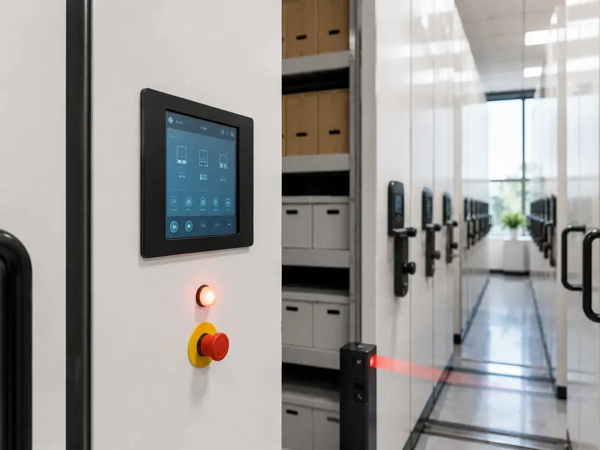 Mobile shelving safety features with control panel and emergency stop