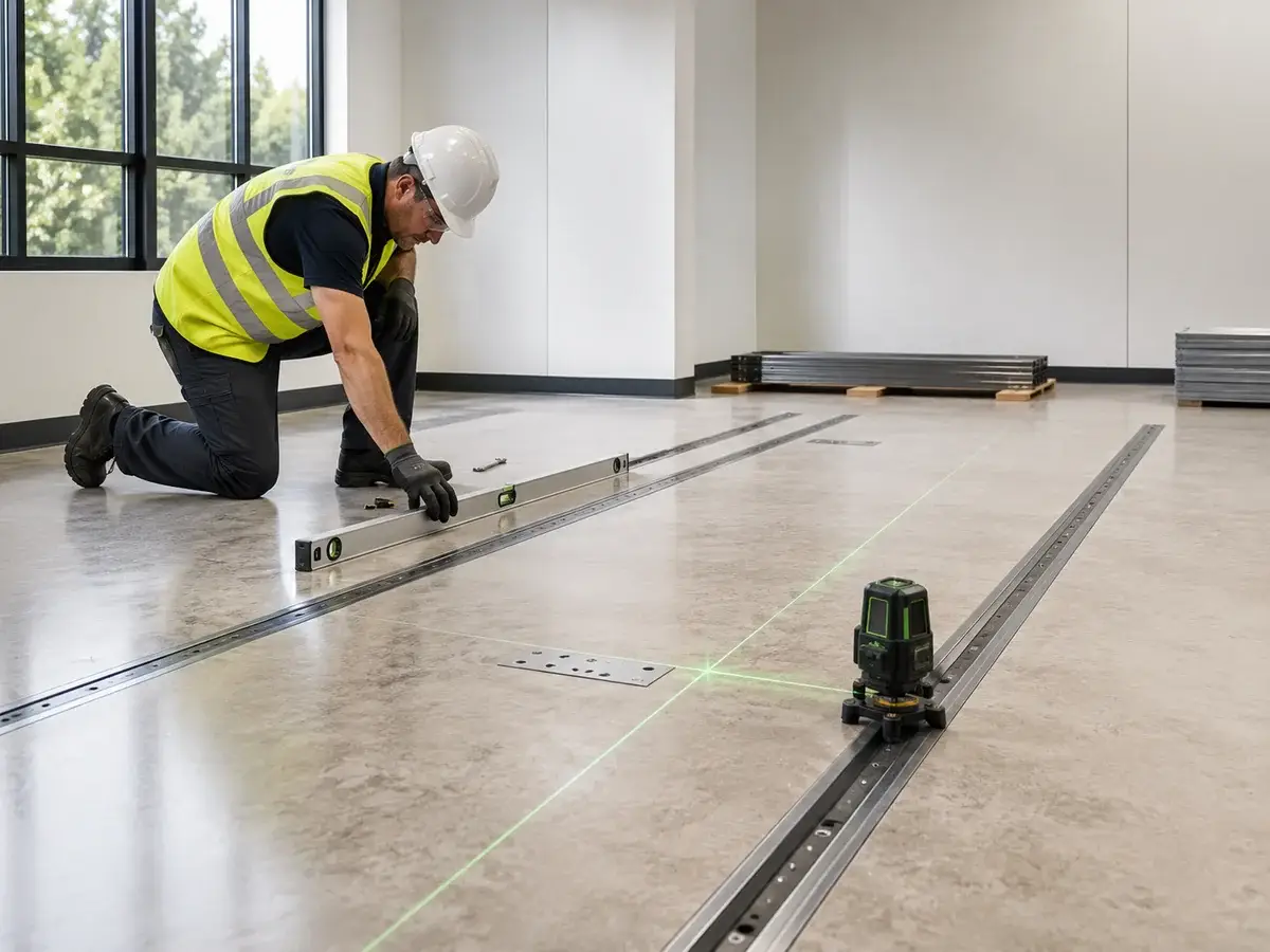Mobile shelving floor preparation and rail leveling before installation