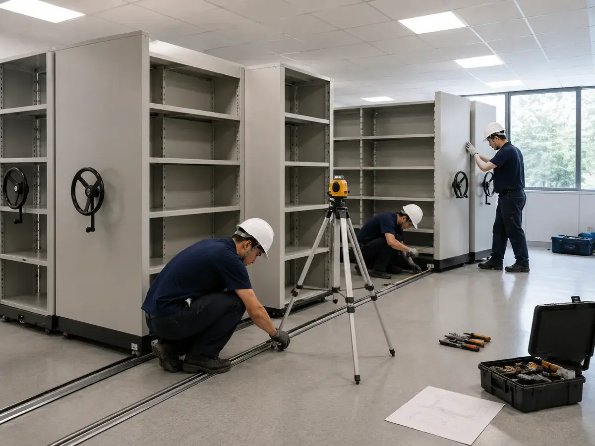 Mobile shelving installation on site with rail and shelving assembly