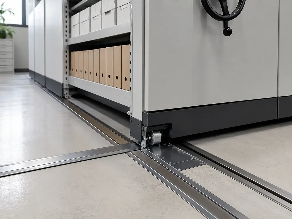 Mobile shelving rail, wheel and mobile base installation detail