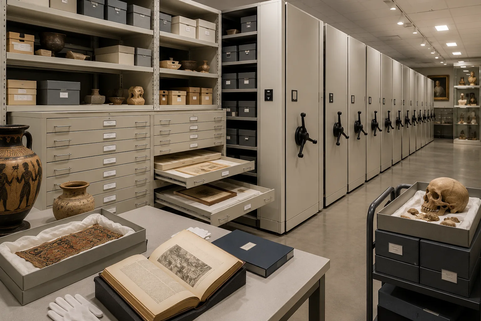Museum collection storage solutions with artifacts rare books flat file storage and archive shelving
