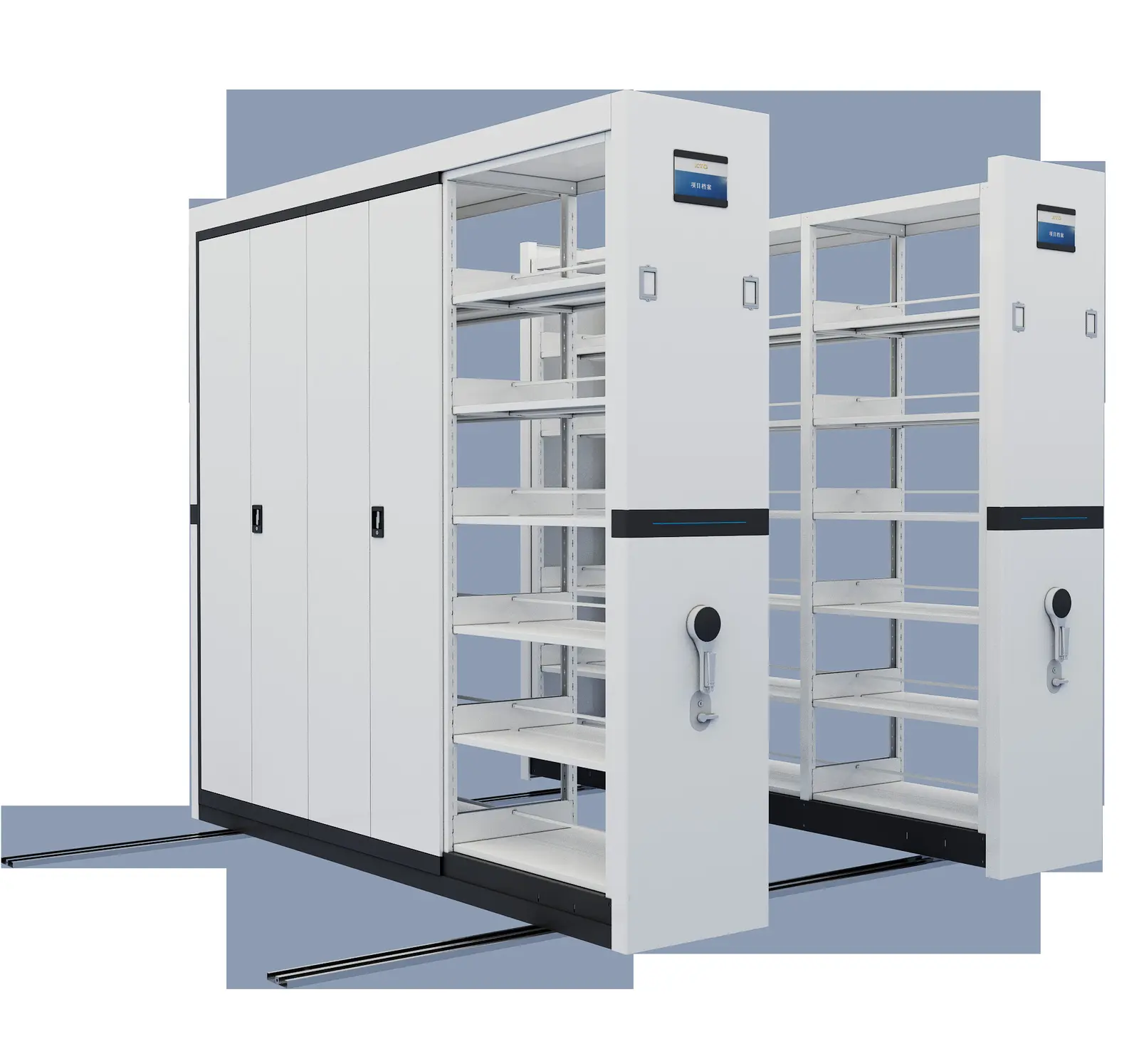 Rail-guided mobile shelving system detail for archive storage operations