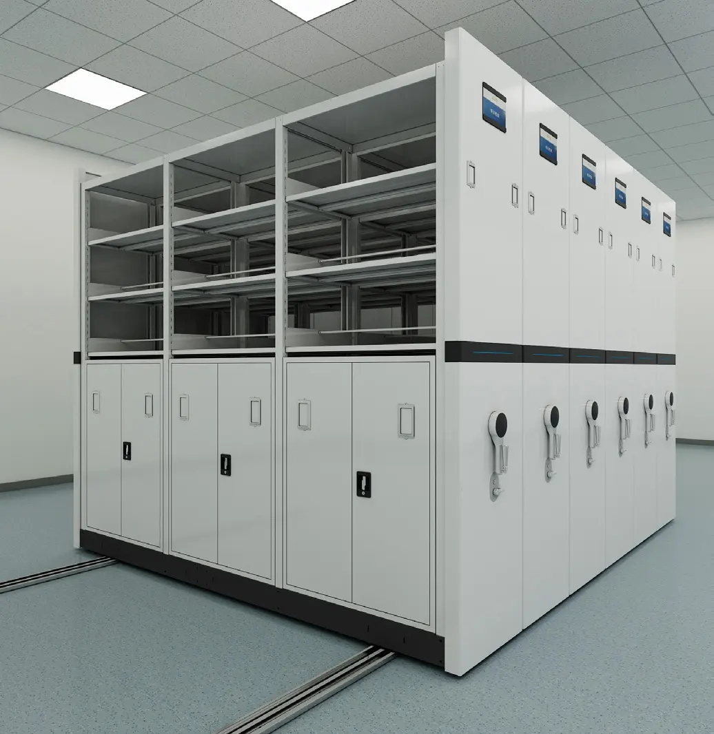 Adjustable shelf and cabinet configuration inside a mobile shelving system