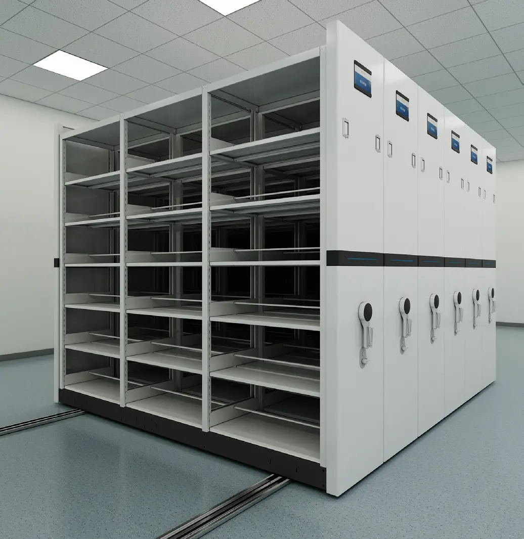 Mobile shelving system clean angled view for high-density archive storage