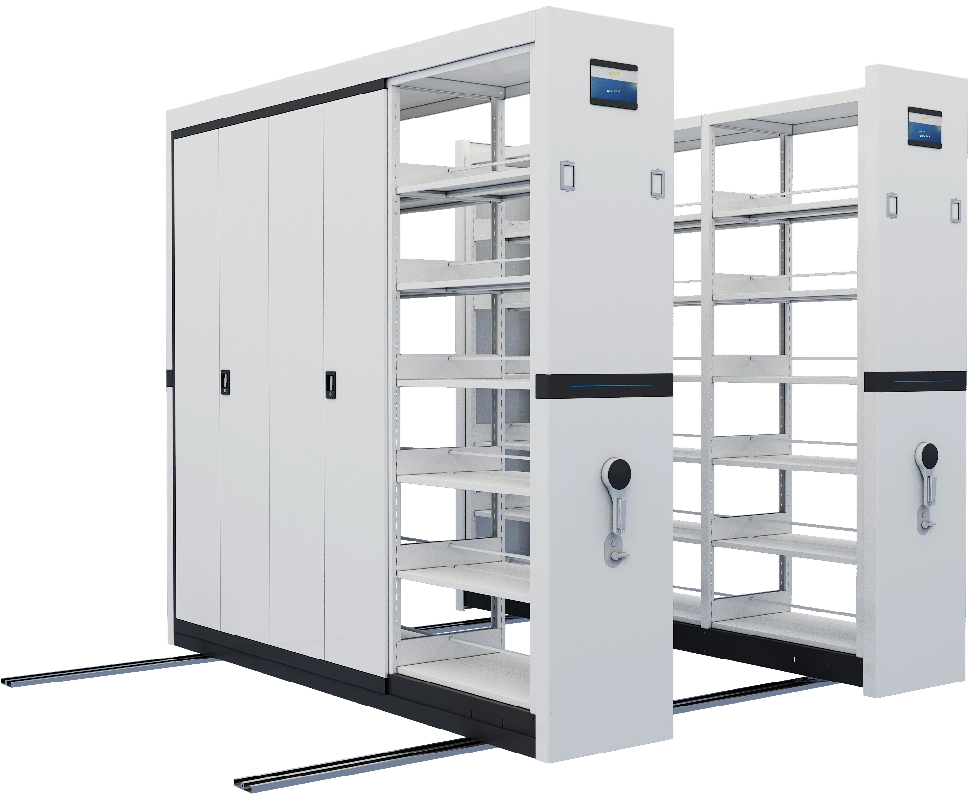 Smart mobile shelving system supporting a digital archive management system with integrated control panels and floor rails